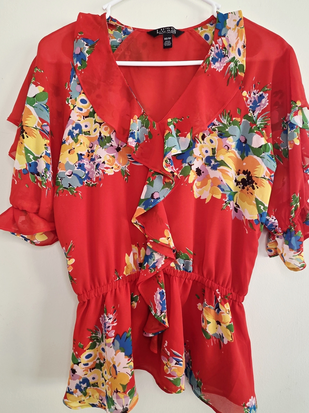 Ralph Lauren Red Floral Ruffle V-Neck Blouse